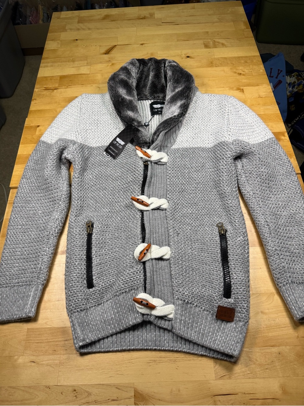 Men's Grey Toggle Cardigan with Faux Fur Shawl Collar NWT